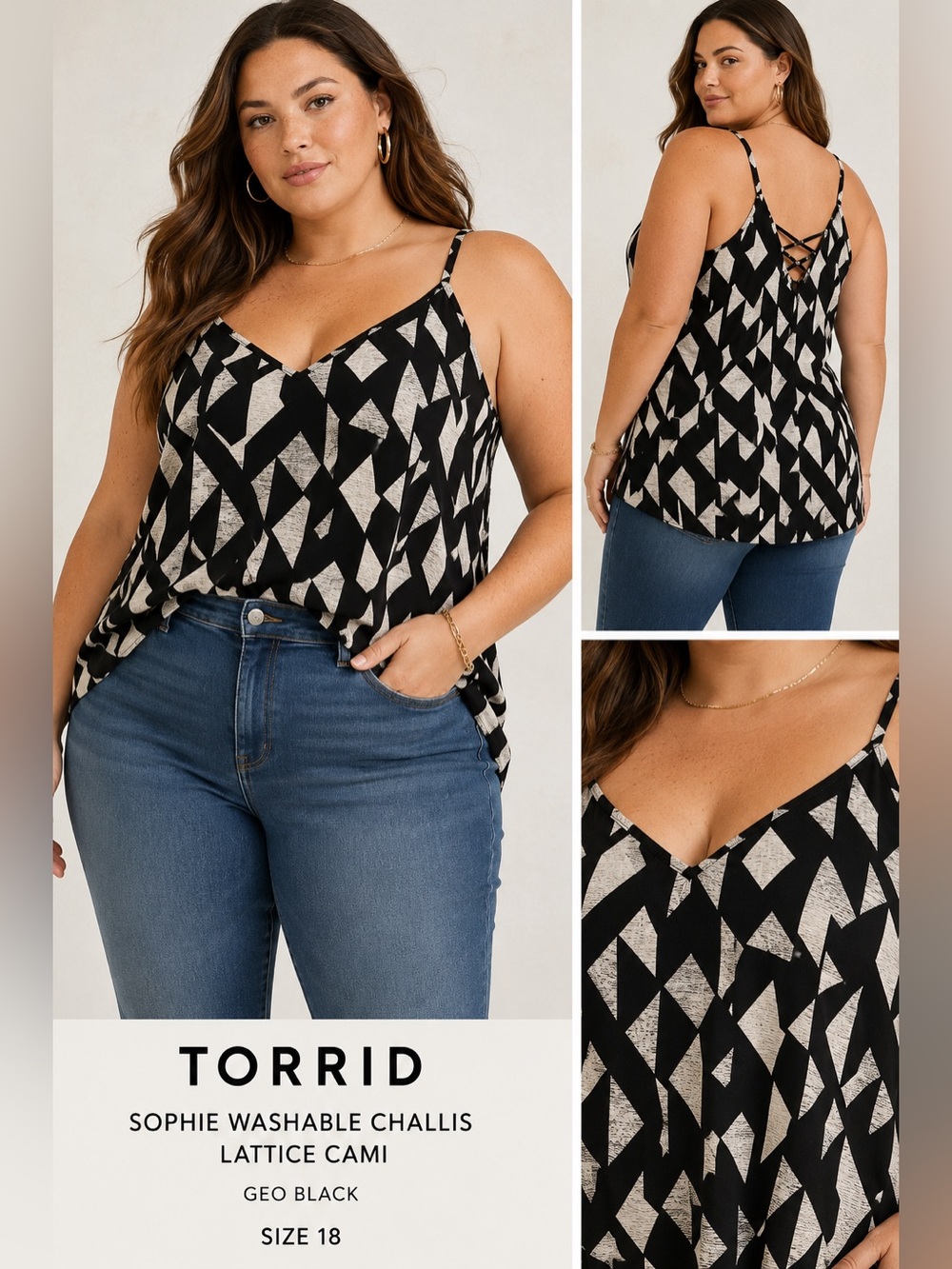 NWT Torrid Sophie Washable Challis Lattice Cami|Geo Black|size 2X (18-20)